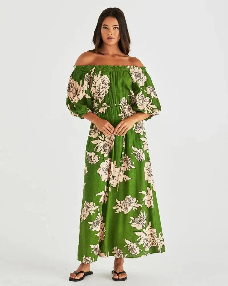 Antonie Off Shoulder Dress - Moonflower Green-Dresses-SASS-The Bay Room