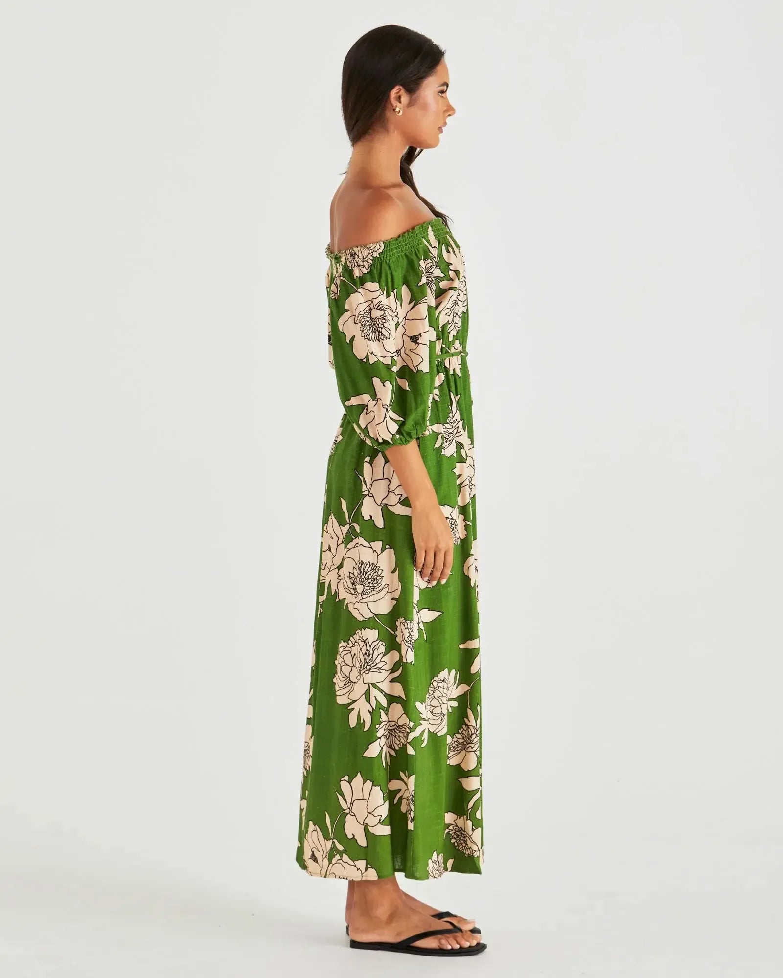 Antonie Off Shoulder Dress - Moonflower Green-Dresses-SASS-The Bay Room