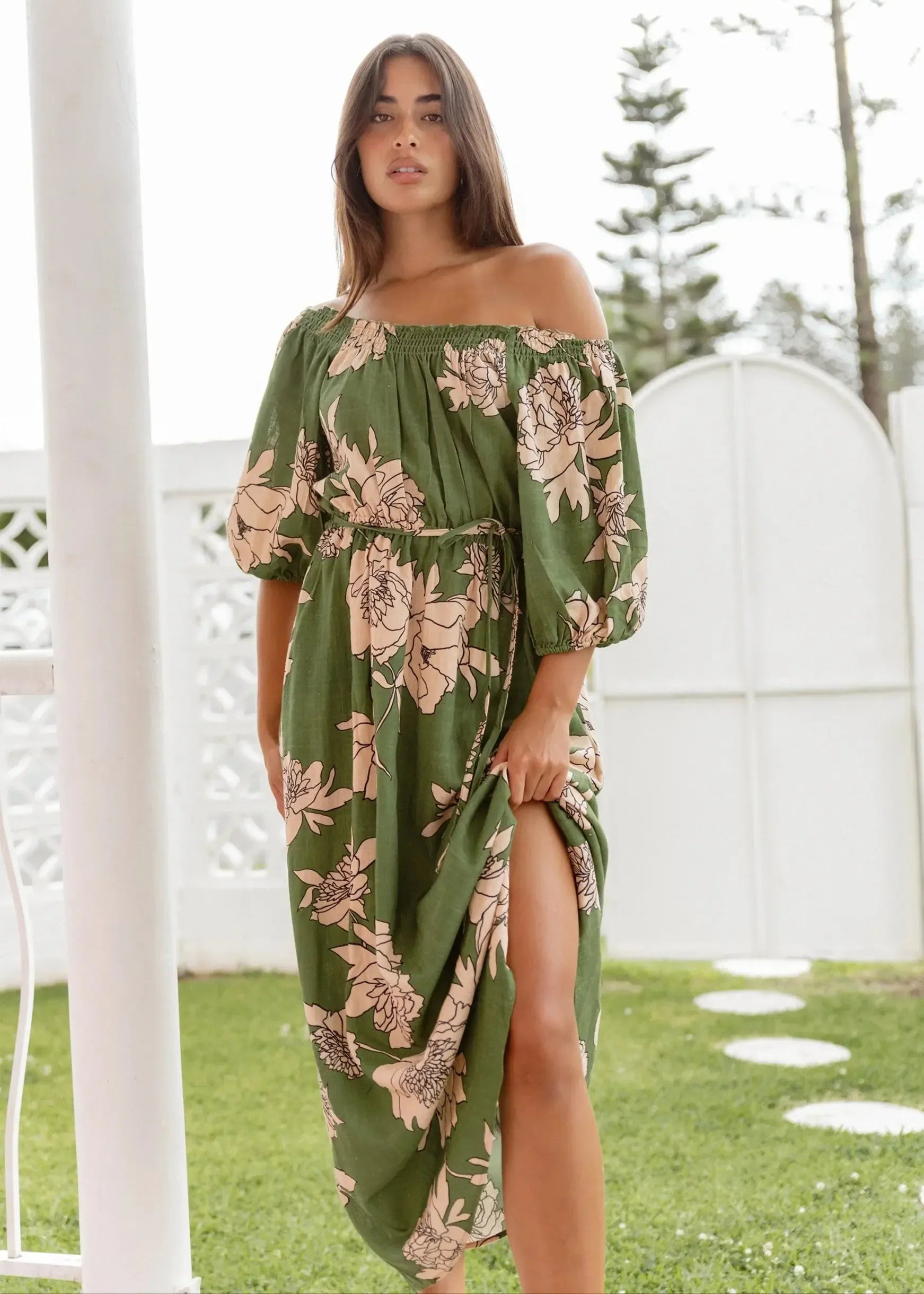 Antonie Off Shoulder Dress - Moonflower Green-Dresses-SASS-The Bay Room