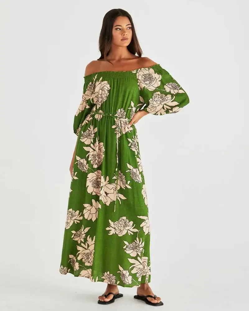 Antonie Off Shoulder Dress - Moonflower Green-Dresses-SASS-The Bay Room