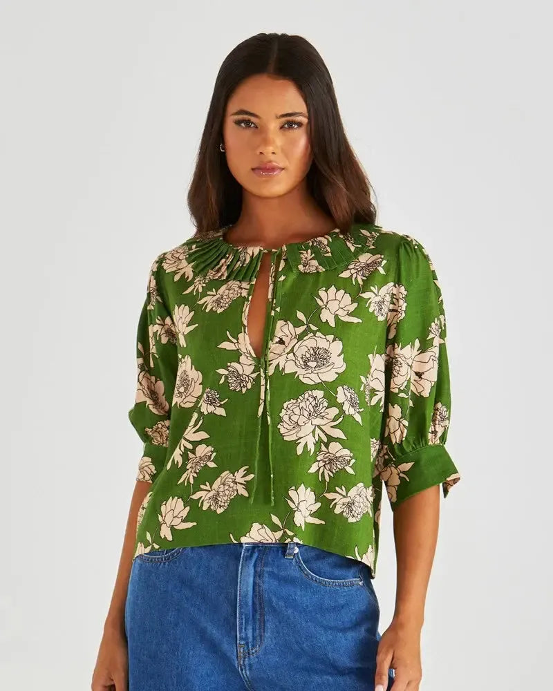 Antonie Pleated Blouse - Moonflower Green-Tops-SASS-The Bay Room