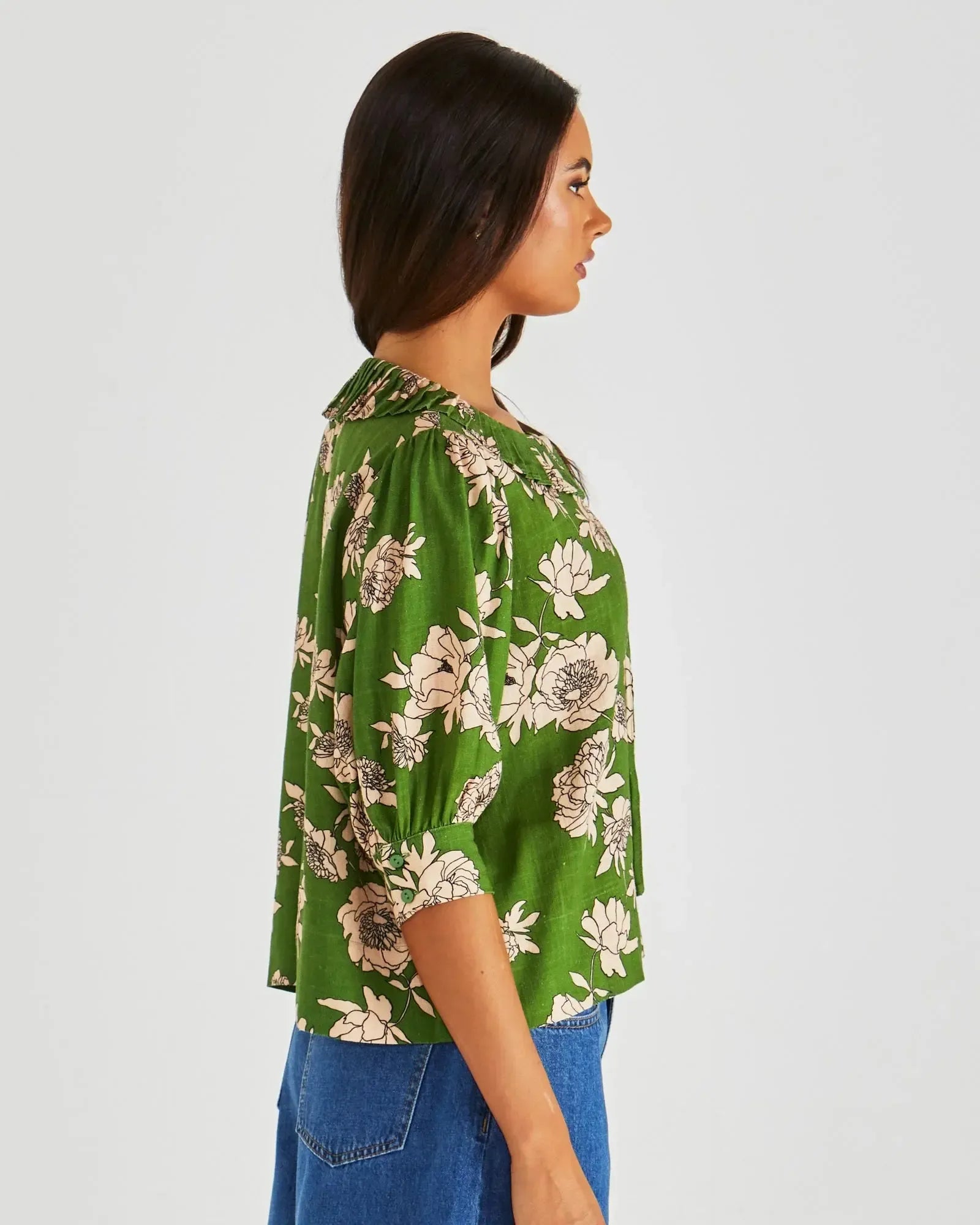 Antonie Pleated Blouse - Moonflower Green-Tops-SASS-The Bay Room