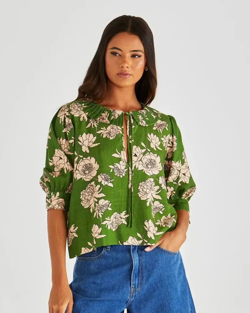 Antonie Pleated Blouse - Moonflower Green-Tops-SASS-The Bay Room