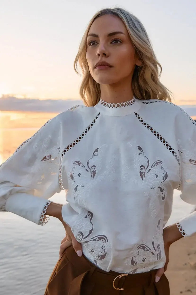Aven Embroidered Blouse - White-Tops-Fate + Becker-The Bay Room