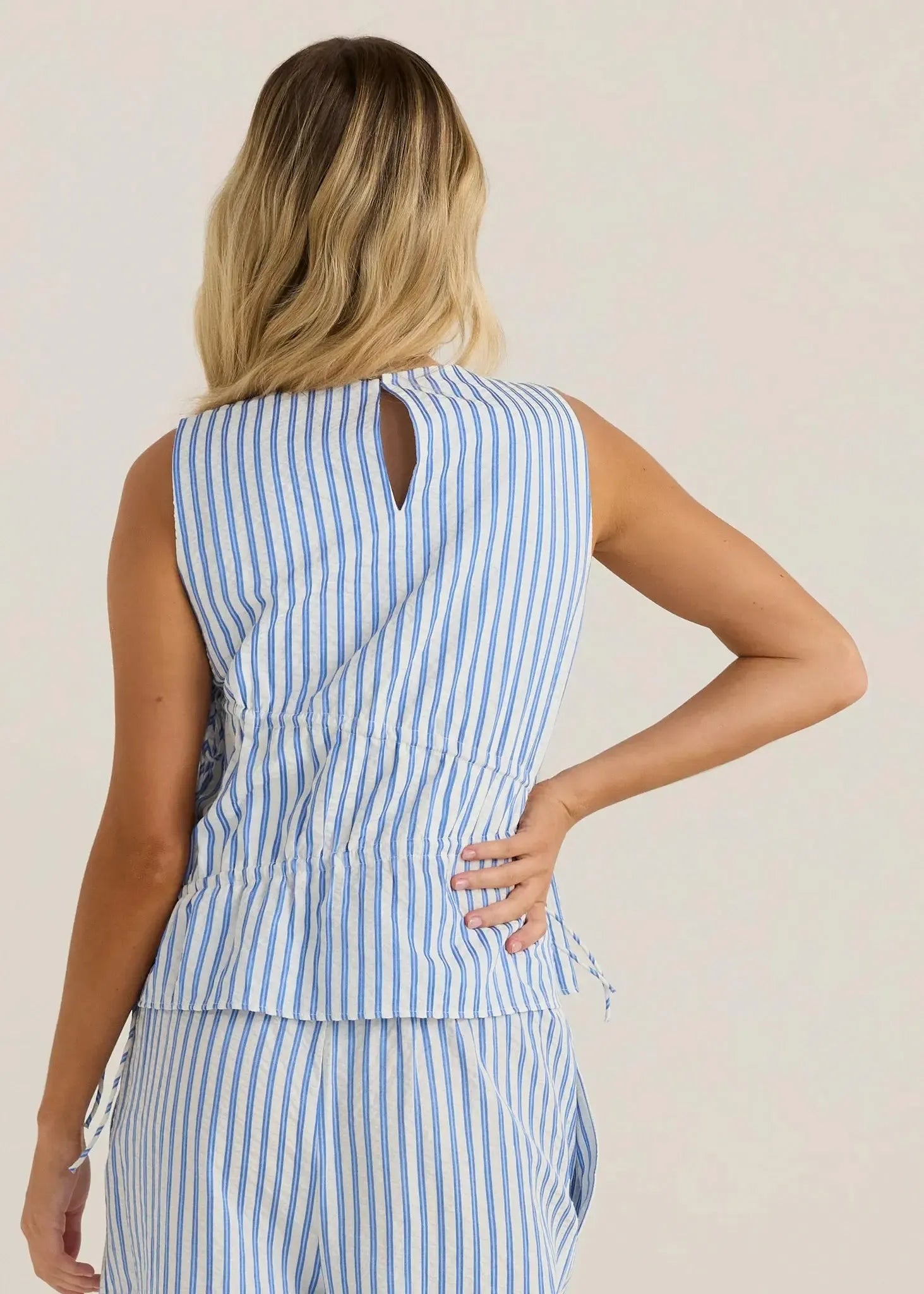 Aziza Gathered Tie Top - Blue/White Stripe-Tops-SASS-The Bay Room