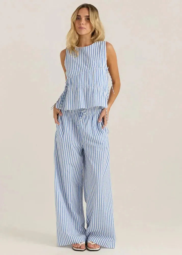 Aziza Gathered Tie Top - Blue/White Stripe-Tops-SASS-The Bay Room