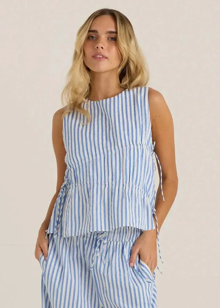Aziza Gathered Tie Top - Blue/White Stripe-Tops-SASS-The Bay Room