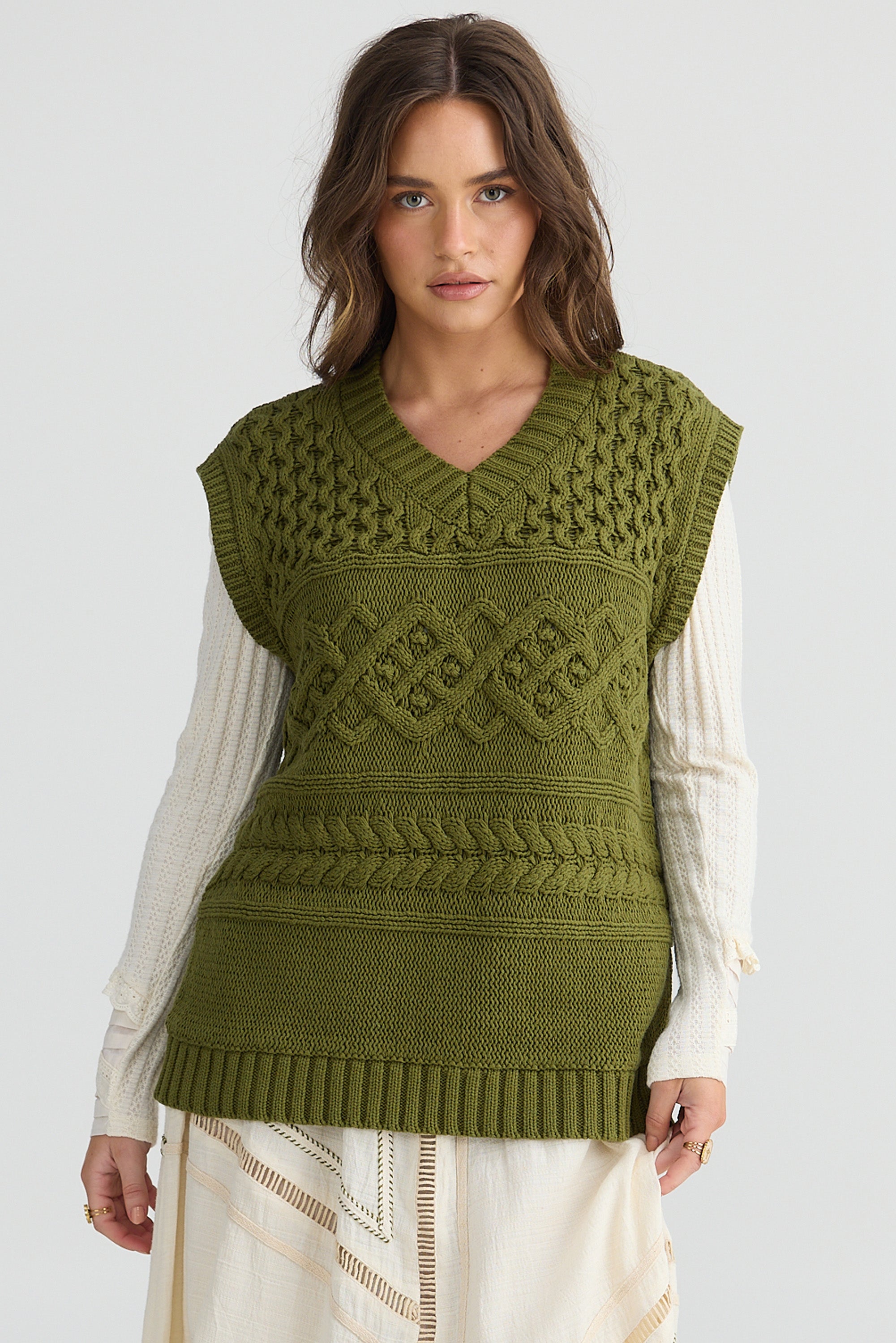 Azura Knit Vest -Olive-Knitwear & Jumpers-Talisman-The Bay Room