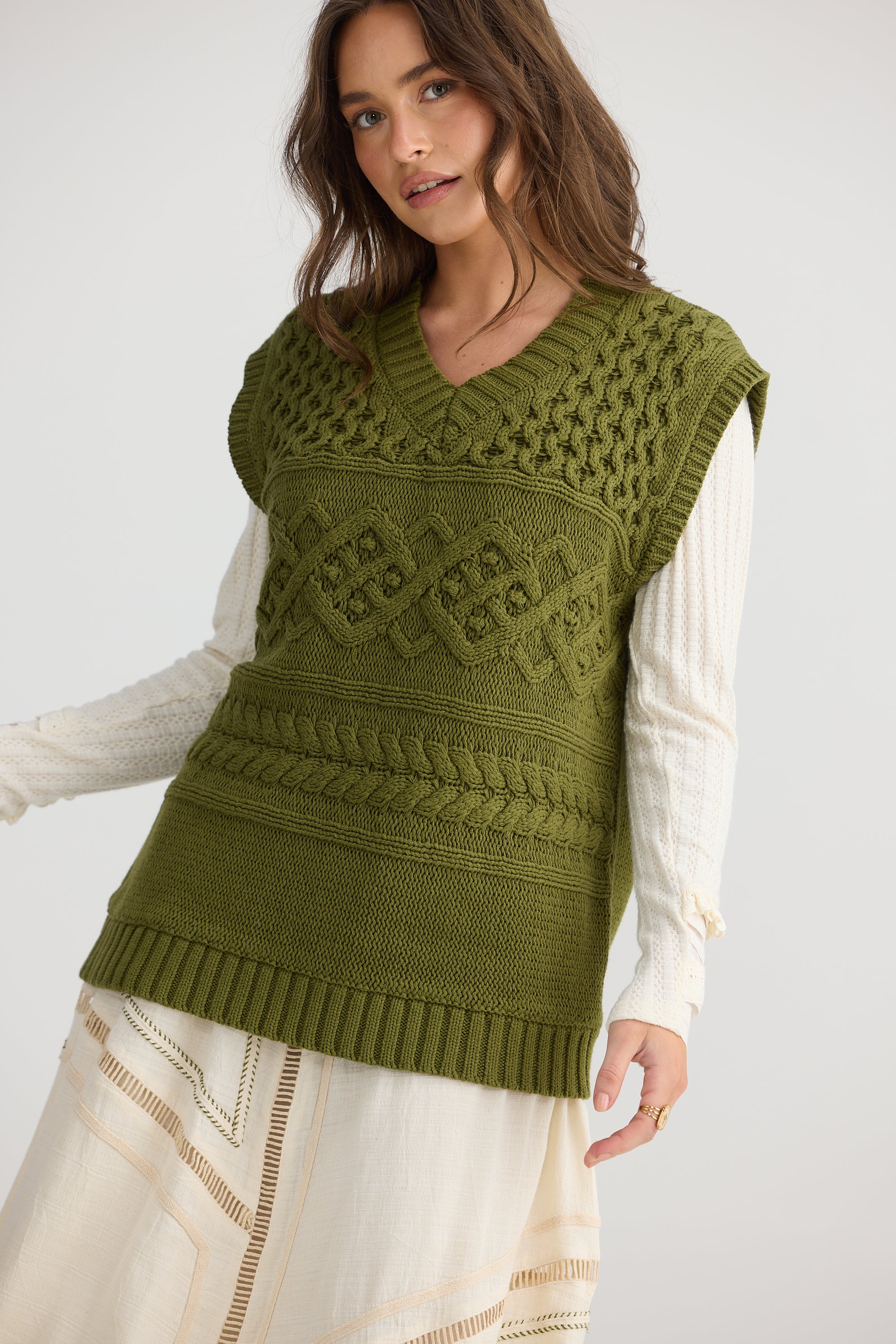 Azura Knit Vest -Olive-Knitwear & Jumpers-Talisman-The Bay Room