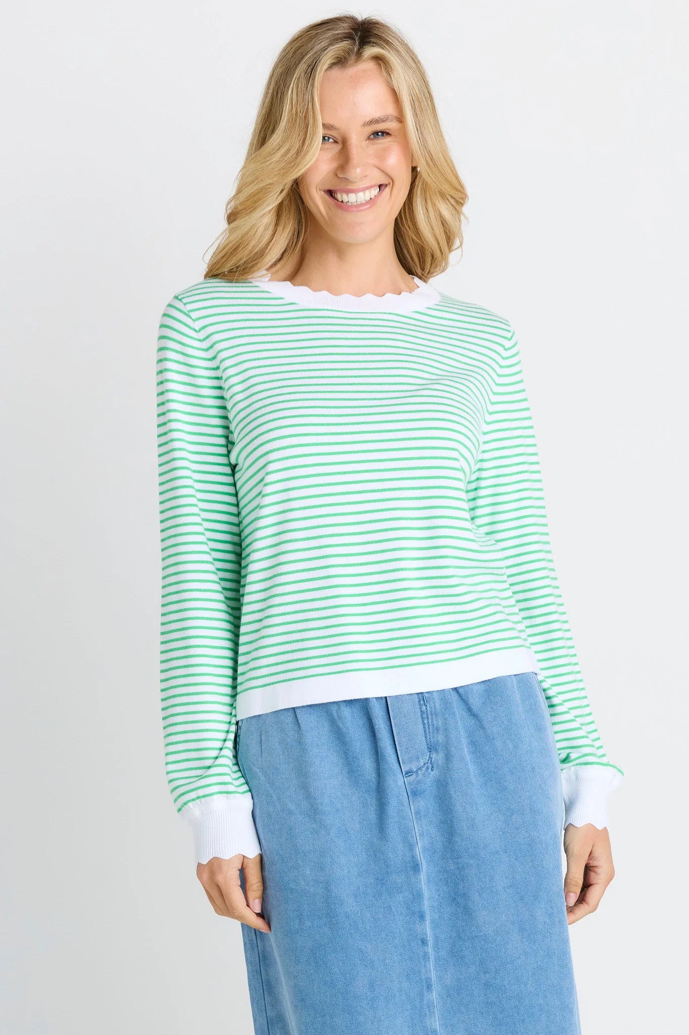 Scallop Knit Sweater - Green Stripe