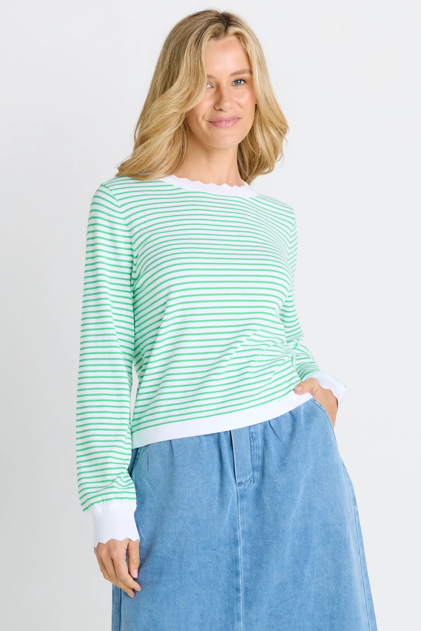Scallop Knit Sweater - Green Stripe