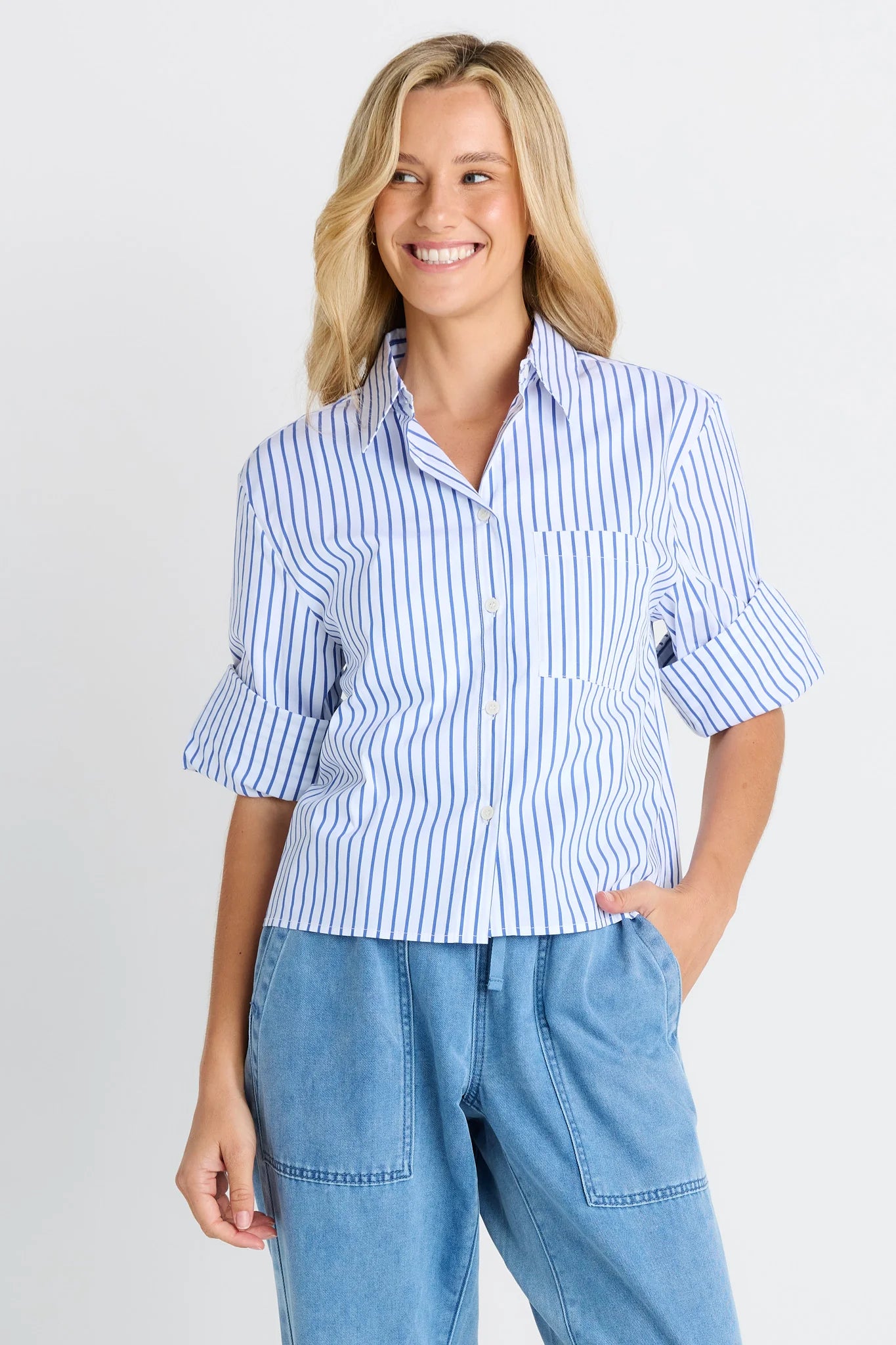 Cropped Poplin Shirt - Blue Stripe