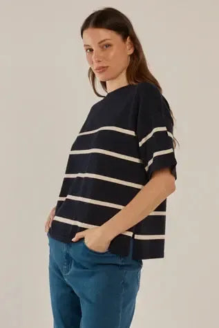 Bailey Boxy Top - Navy/Cream-Tops-Betty Basics-The Bay Room