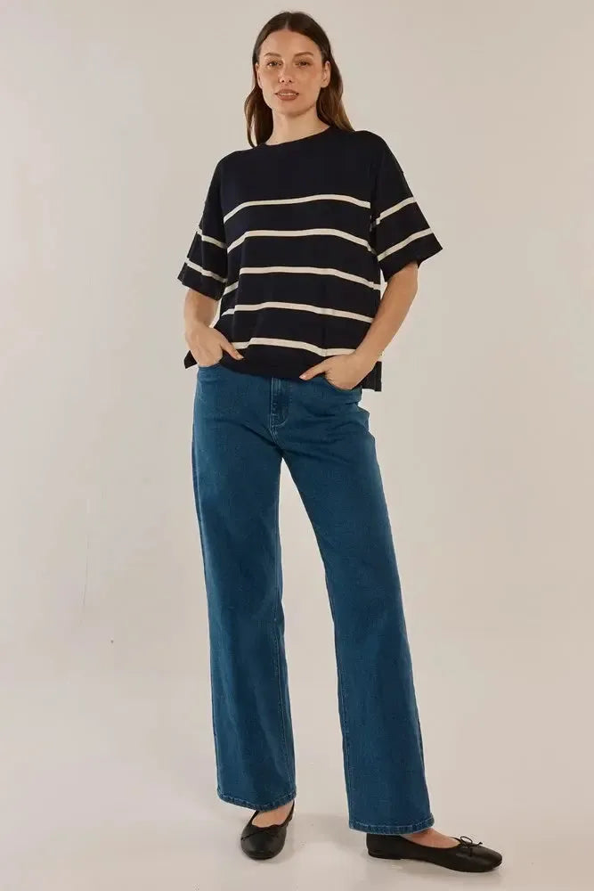 Bailey Boxy Top - Navy/Cream-Tops-Betty Basics-The Bay Room