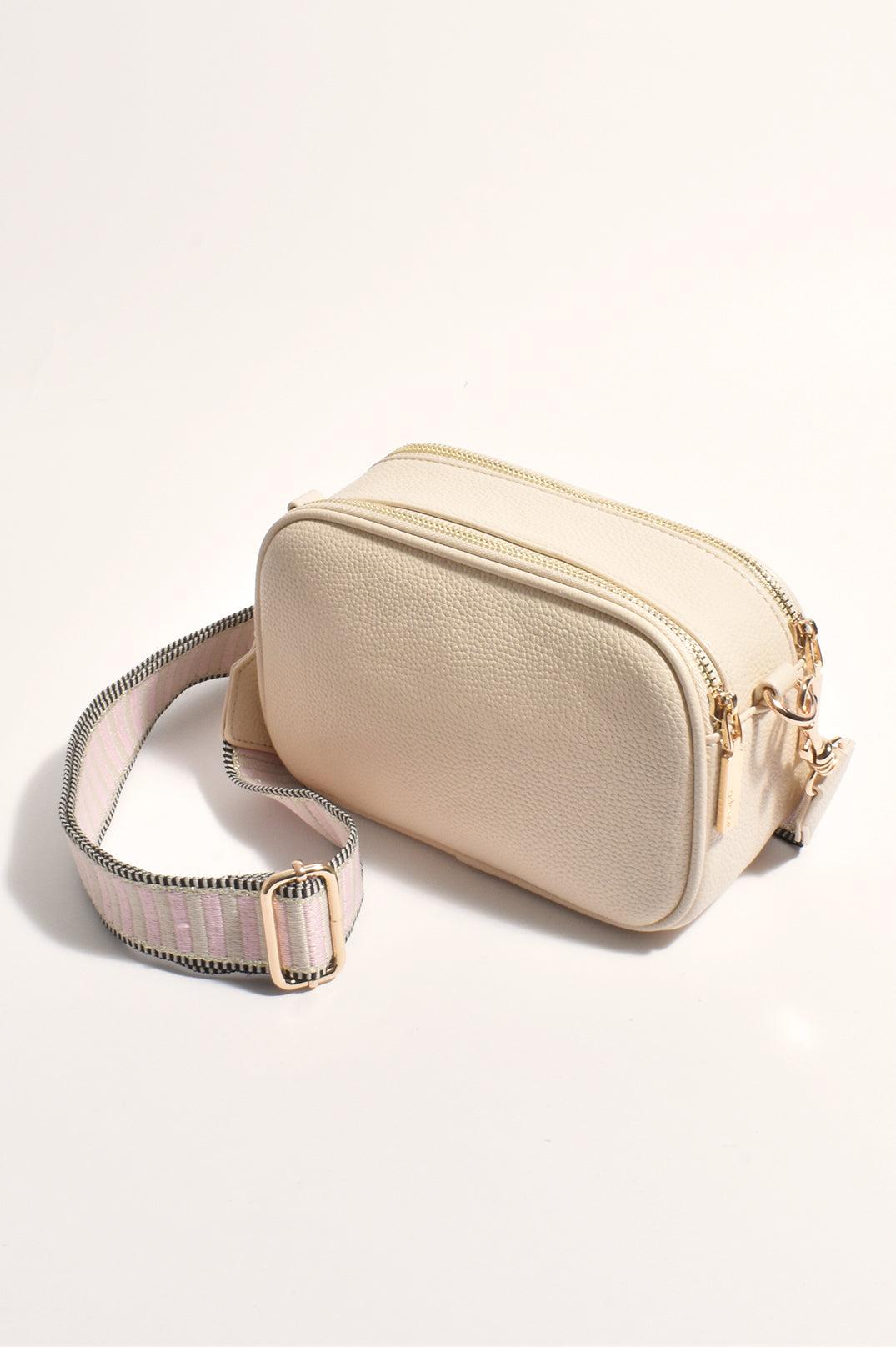 Bella Striped Webbing Camera Bag - Cream/Pink-Bags & Clutches-Adorne-The Bay Room