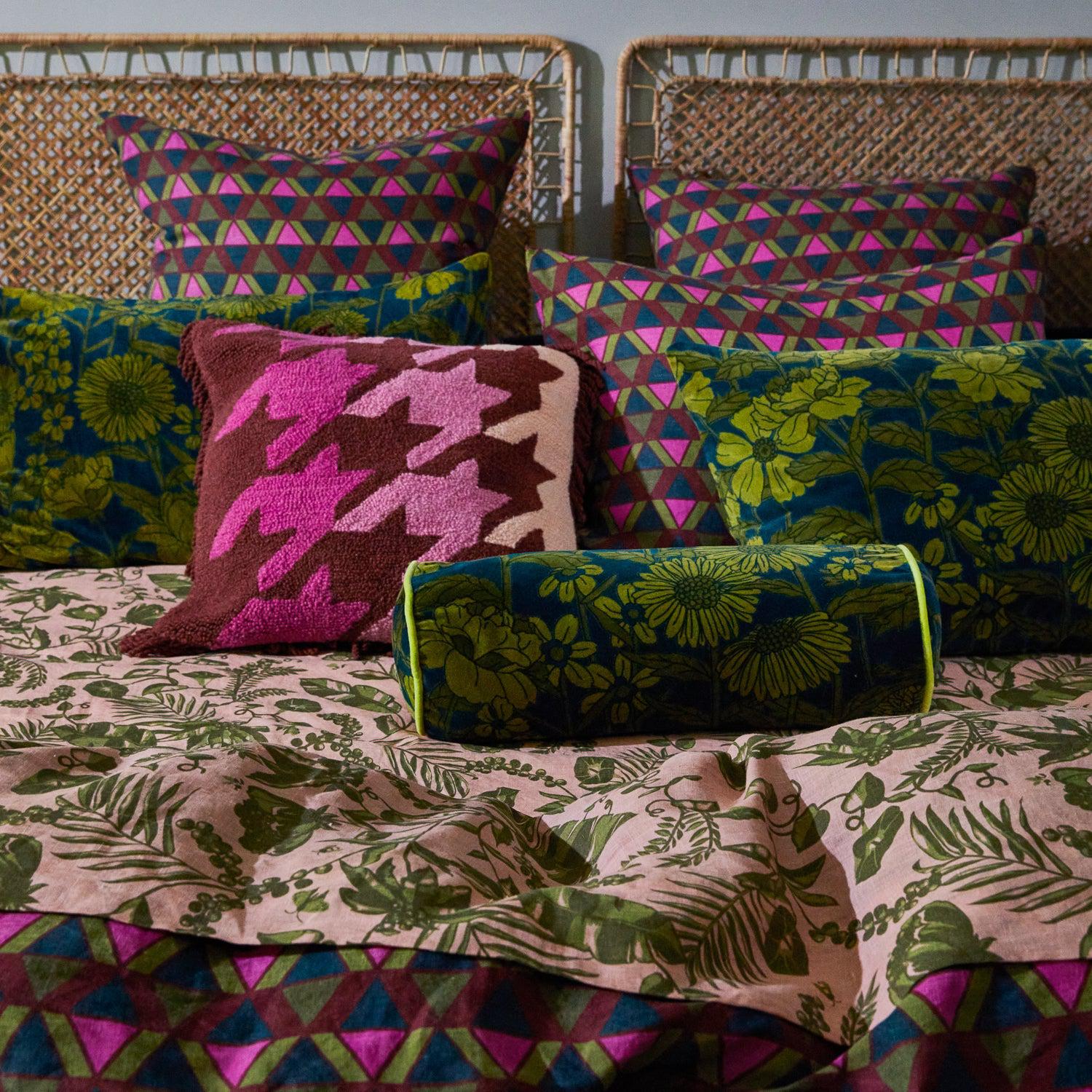 Bernanda Velvet Bolster Cushion - Peacock-Soft Furnishings-Sage & Clare-The Bay Room