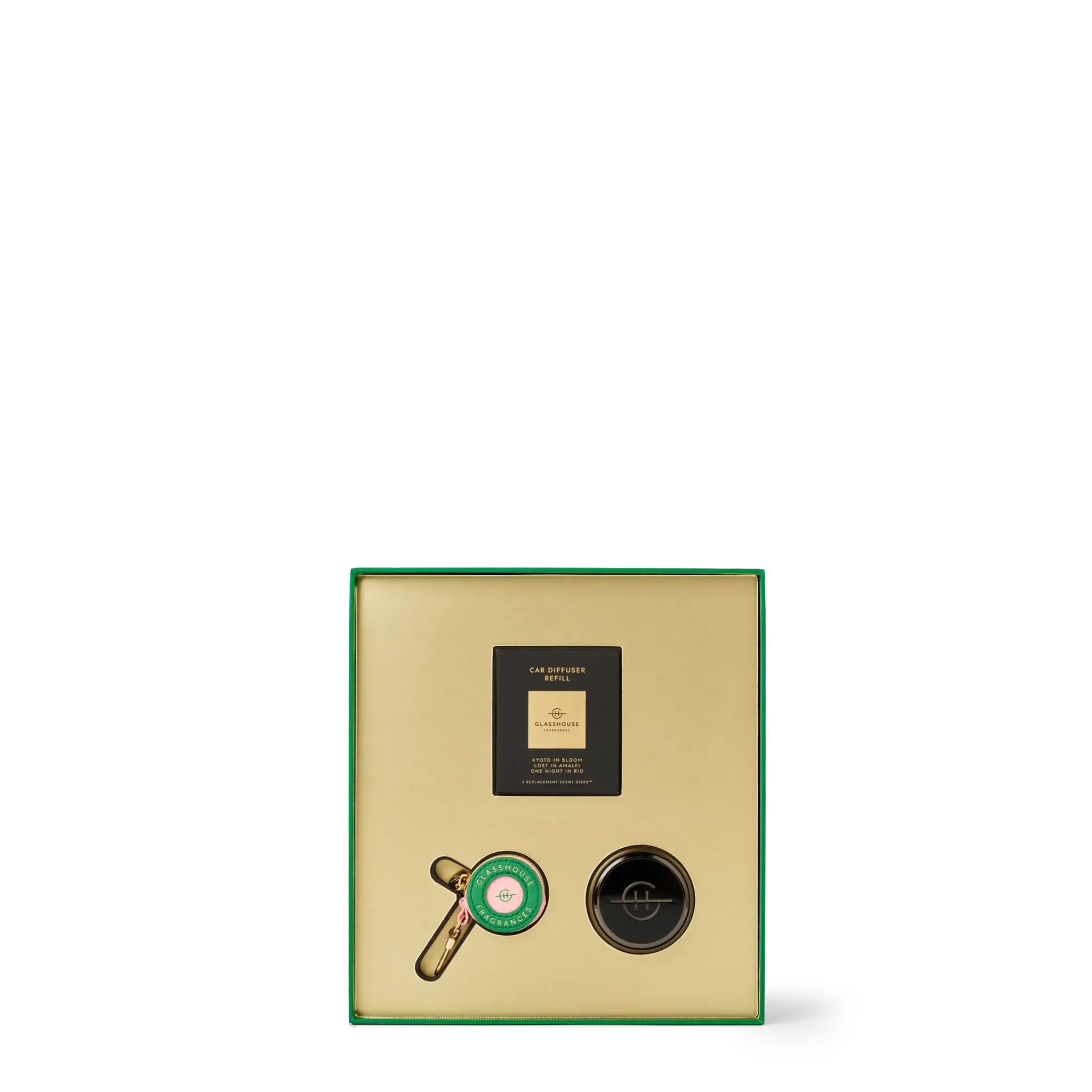 Black Car Diffuser with 3 Replacement Scent Disk and Key Ring - Lost In Amalfi, Kyoto In Bloom, One Night in Rio-Christmas-Glasshouse-The Bay Room