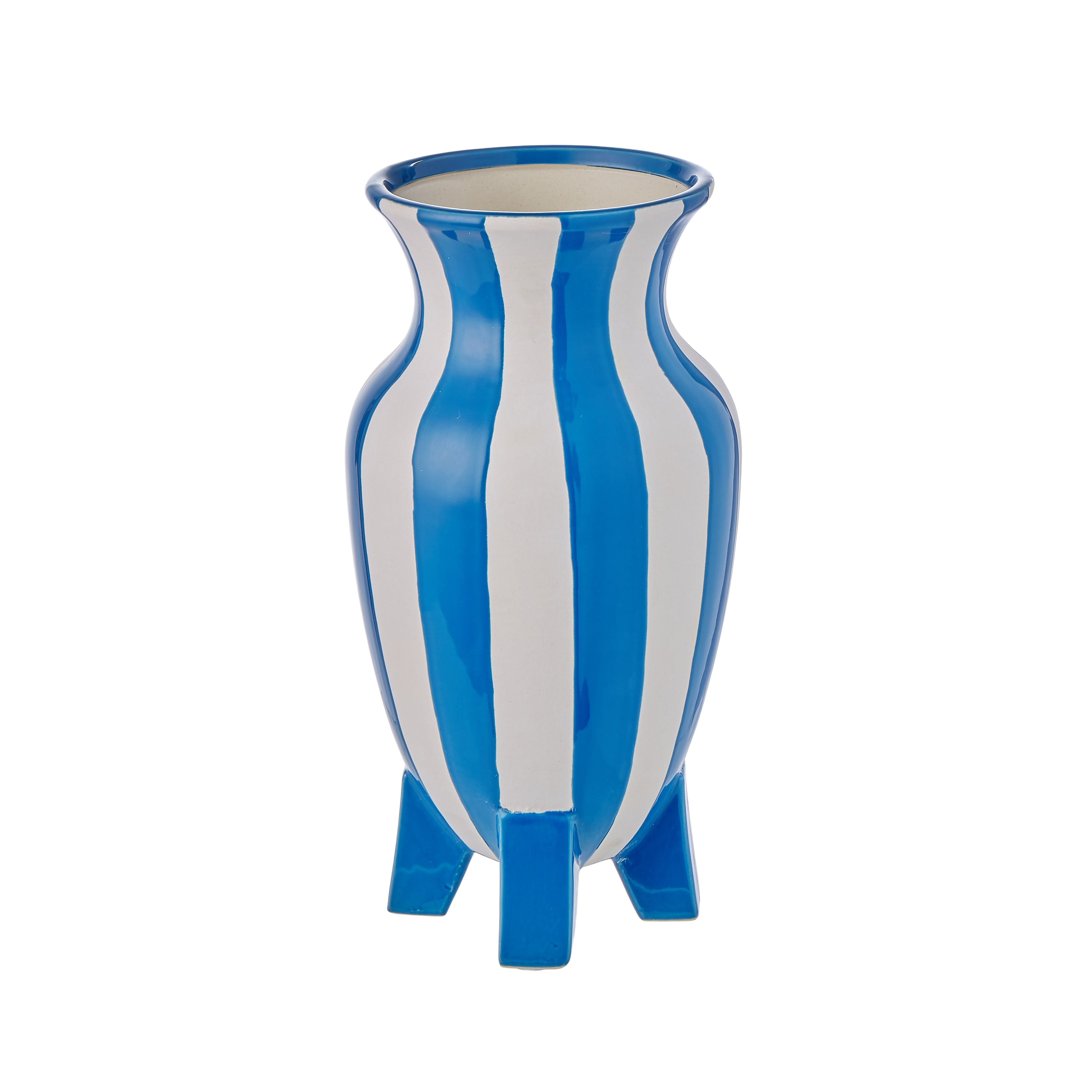 Blue & White Stripe Footed Vessel 29cm-Pots, Planters & Vases-Amalfi-The Bay Room