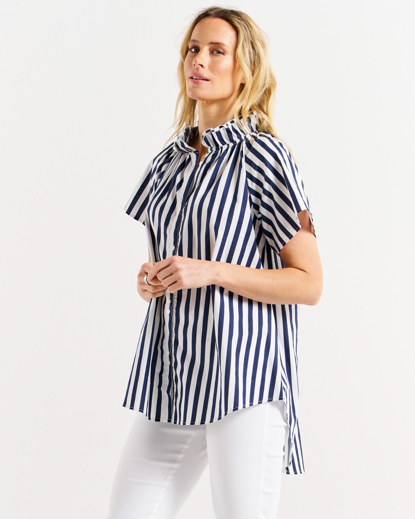 Caspian Blouse - Blue/White Stripe-Tops-Betty Basics-The Bay Room