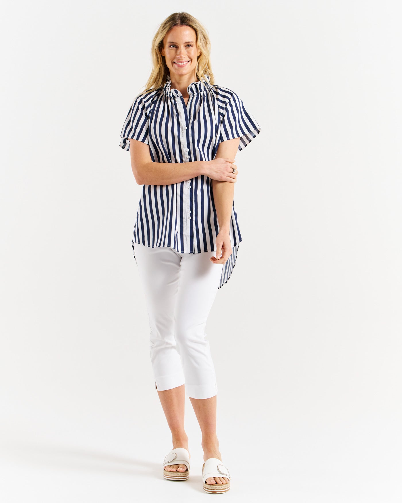 Caspian Blouse - Blue/White Stripe-Tops-Betty Basics-The Bay Room