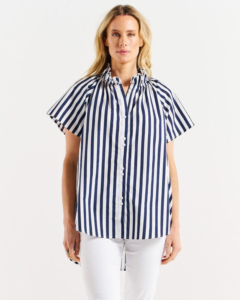 Caspian Blouse - Blue/White Stripe-Tops-Betty Basics-The Bay Room