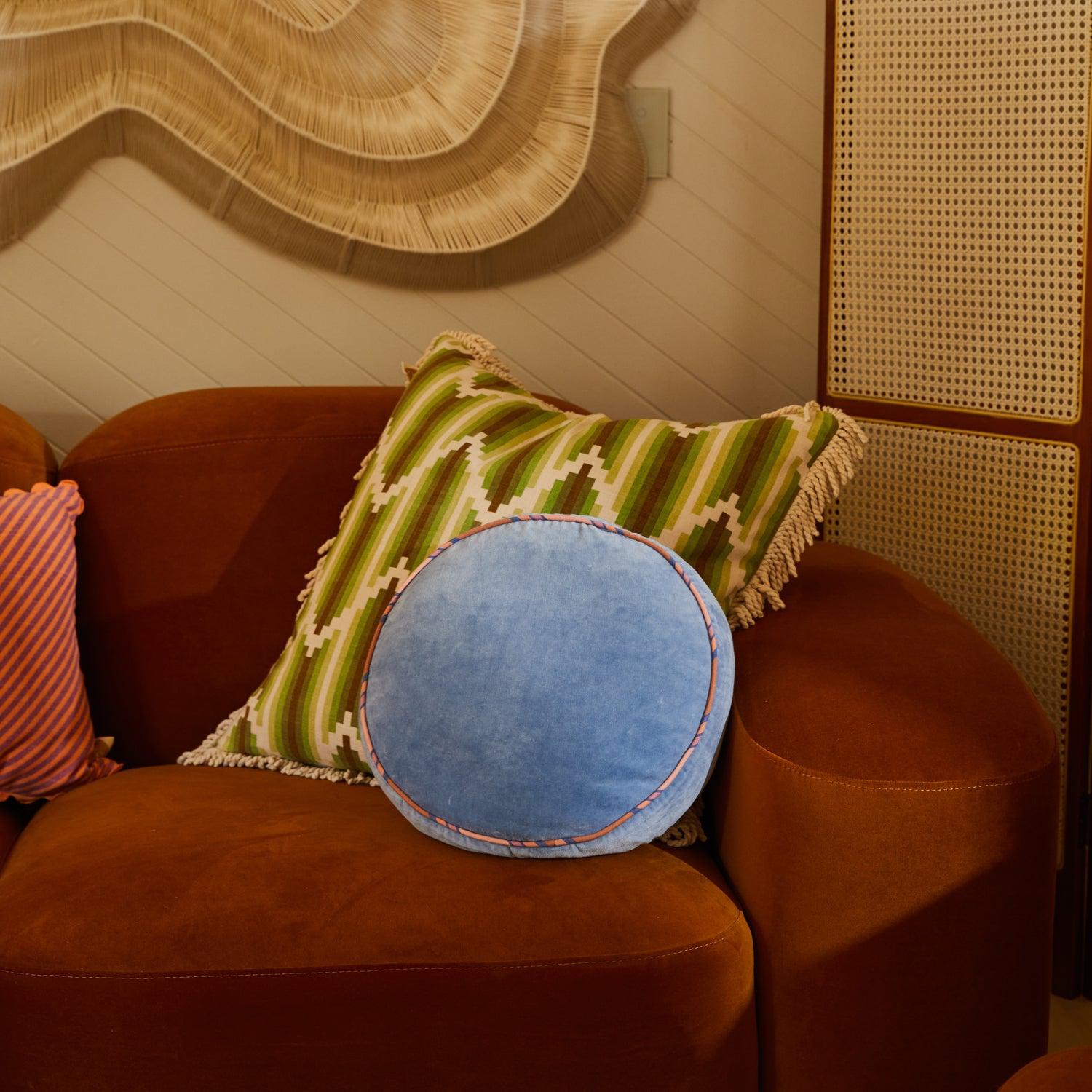 Castilo Round Velvet Cushion - Blue Jean-Soft Furnishings-PLAY by Sage & Clare-The Bay Room