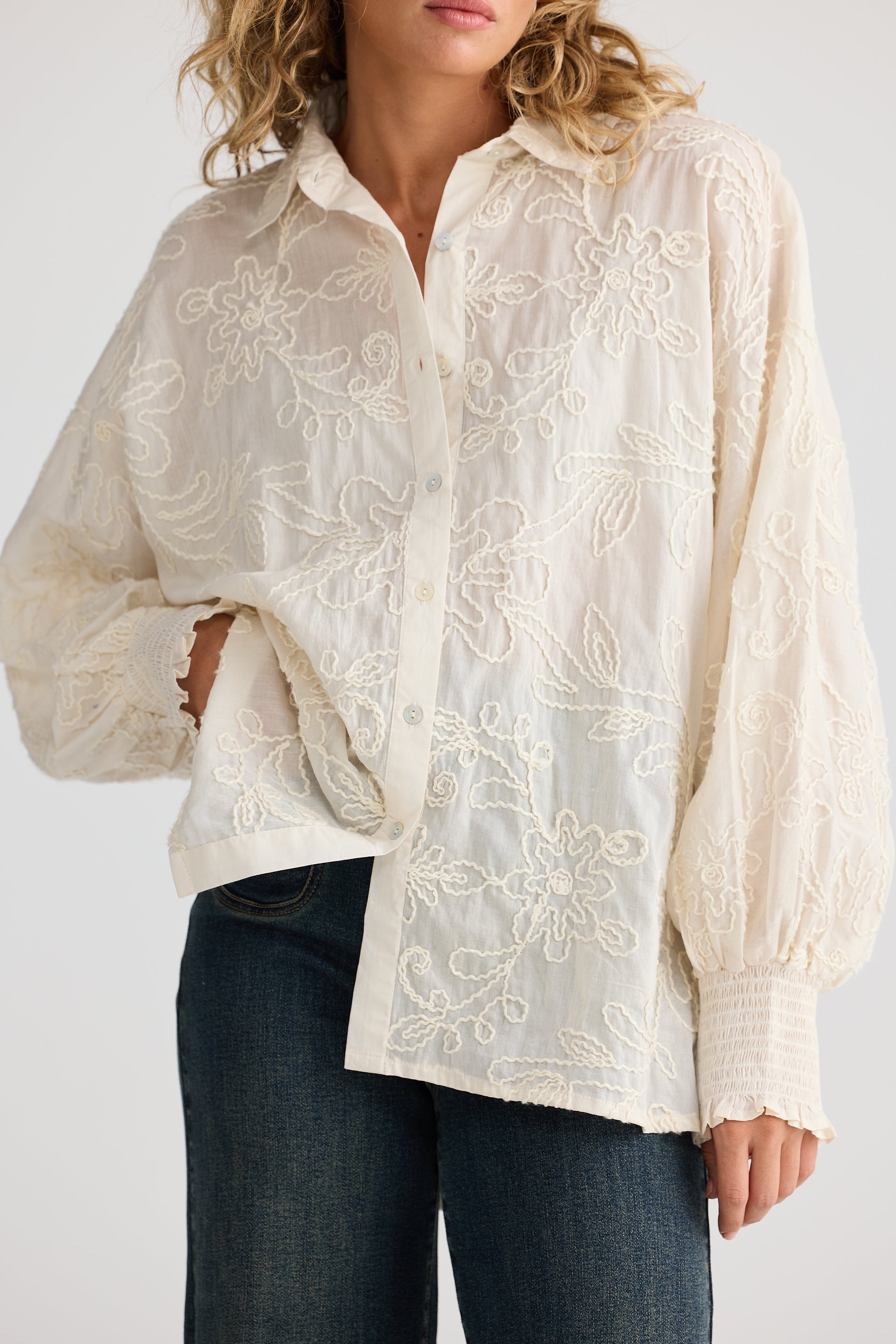 Chantilly Shirt - Natural Embroidery-Tops-Talisman-The Bay Room