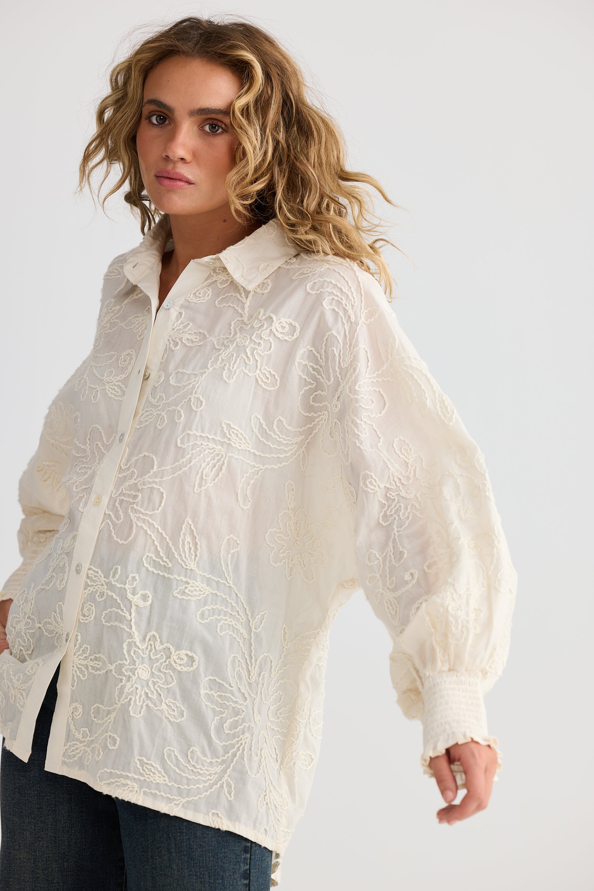 Chantilly Shirt - Natural Embroidery-Tops-Talisman-The Bay Room