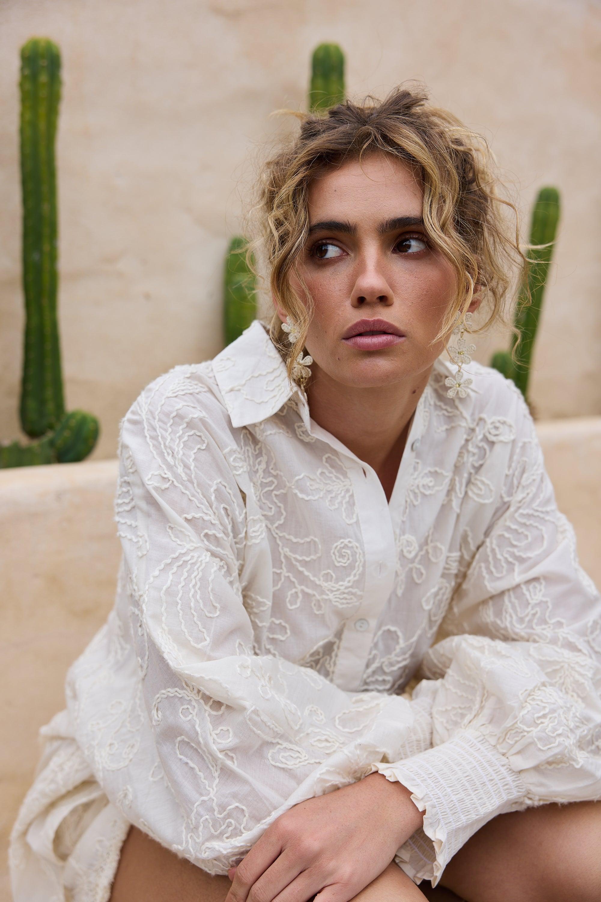 Chantilly Shirt - Natural Embroidery-Tops-Talisman-The Bay Room