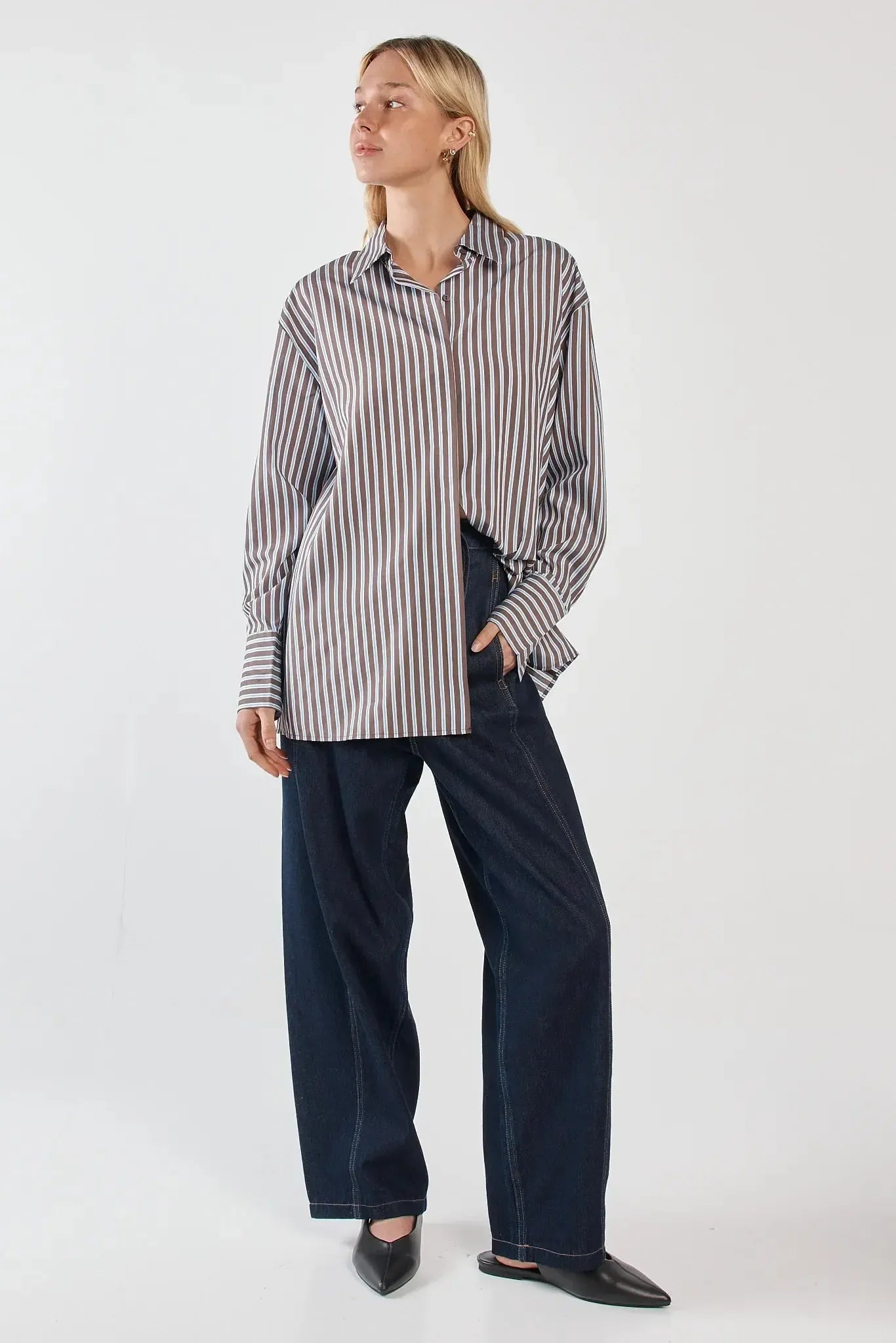 Claudia Stripe Shirt - Choc Blue-Tops-SASS-The Bay Room