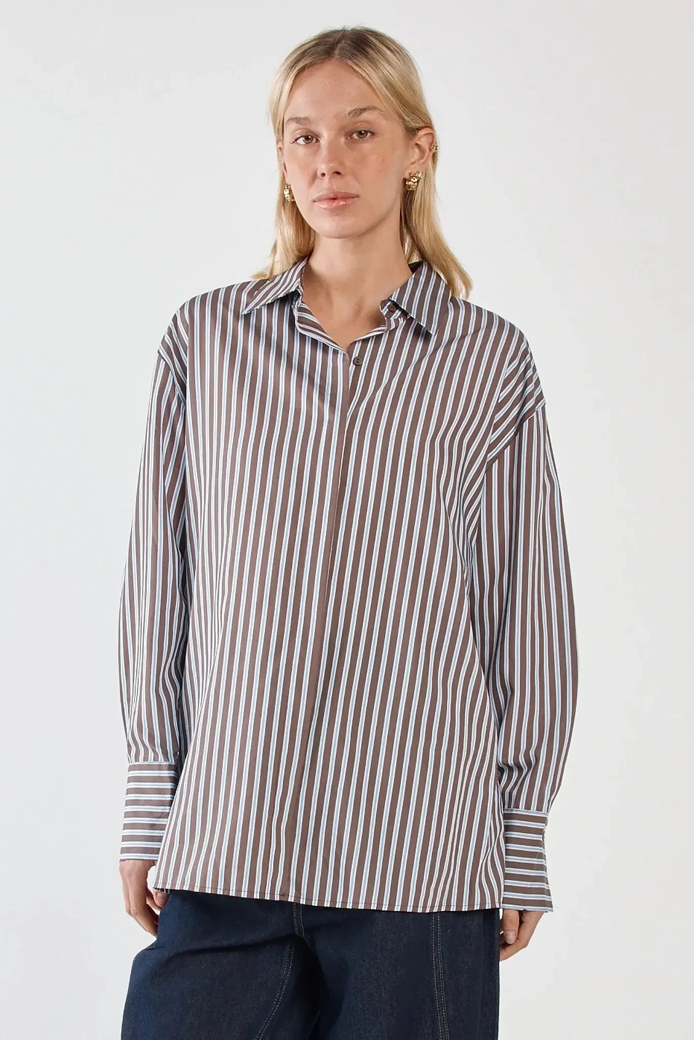 Claudia Stripe Shirt - Choc Blue-Tops-SASS-The Bay Room