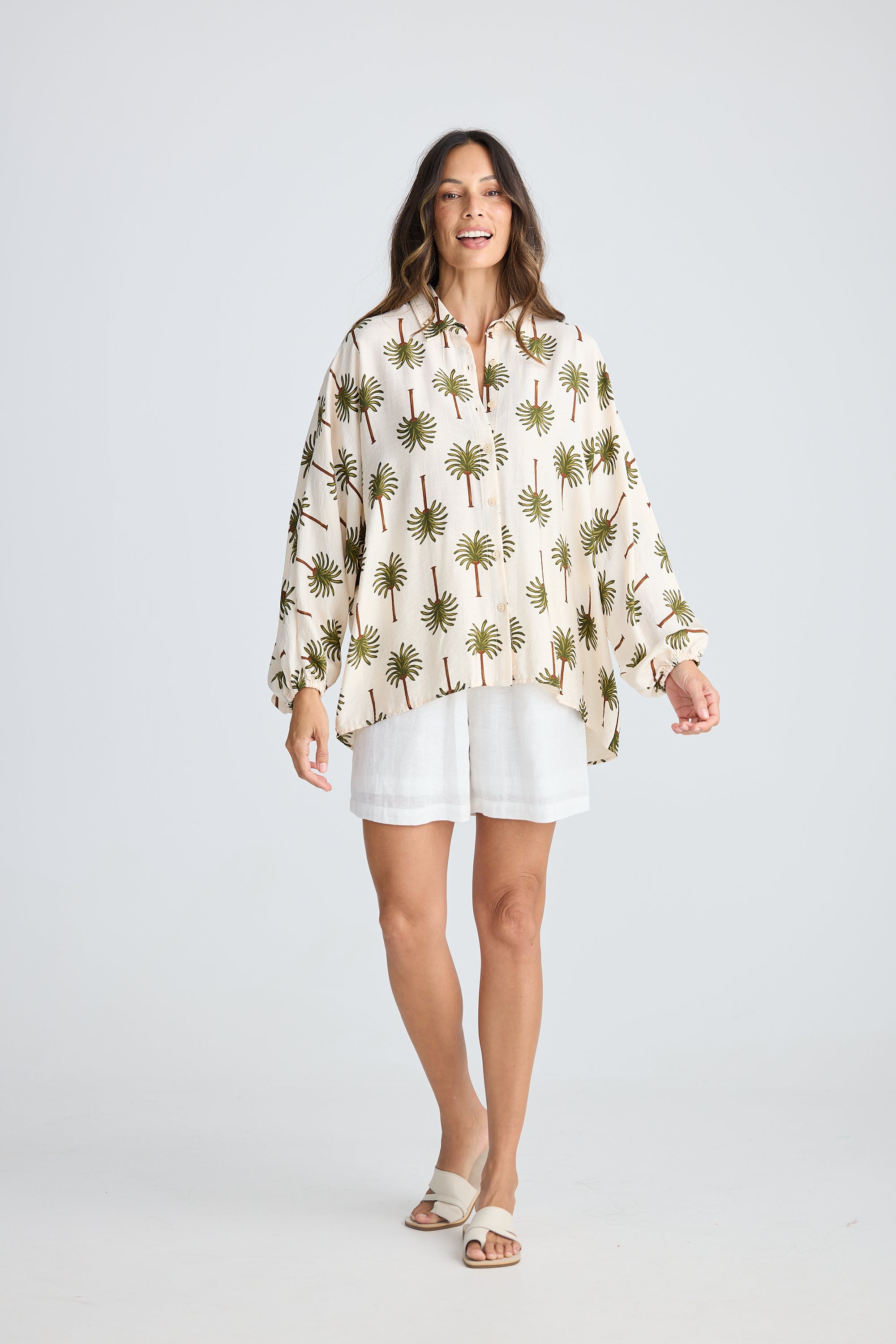 Cliffside Shirt - Ivory Palm Print-Tops-Holiday-The Bay Room