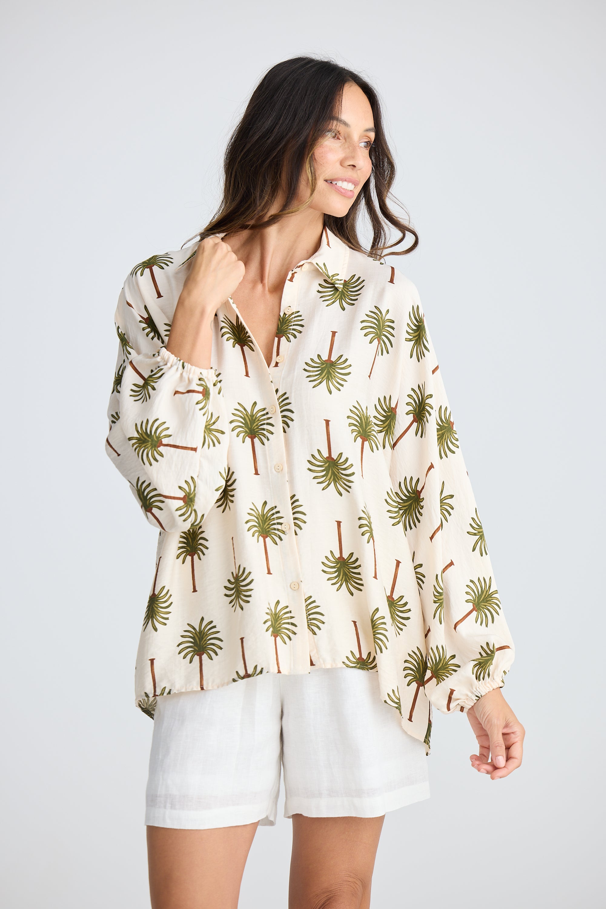 Cliffside Shirt - Ivory Palm Print-Tops-Holiday-The Bay Room