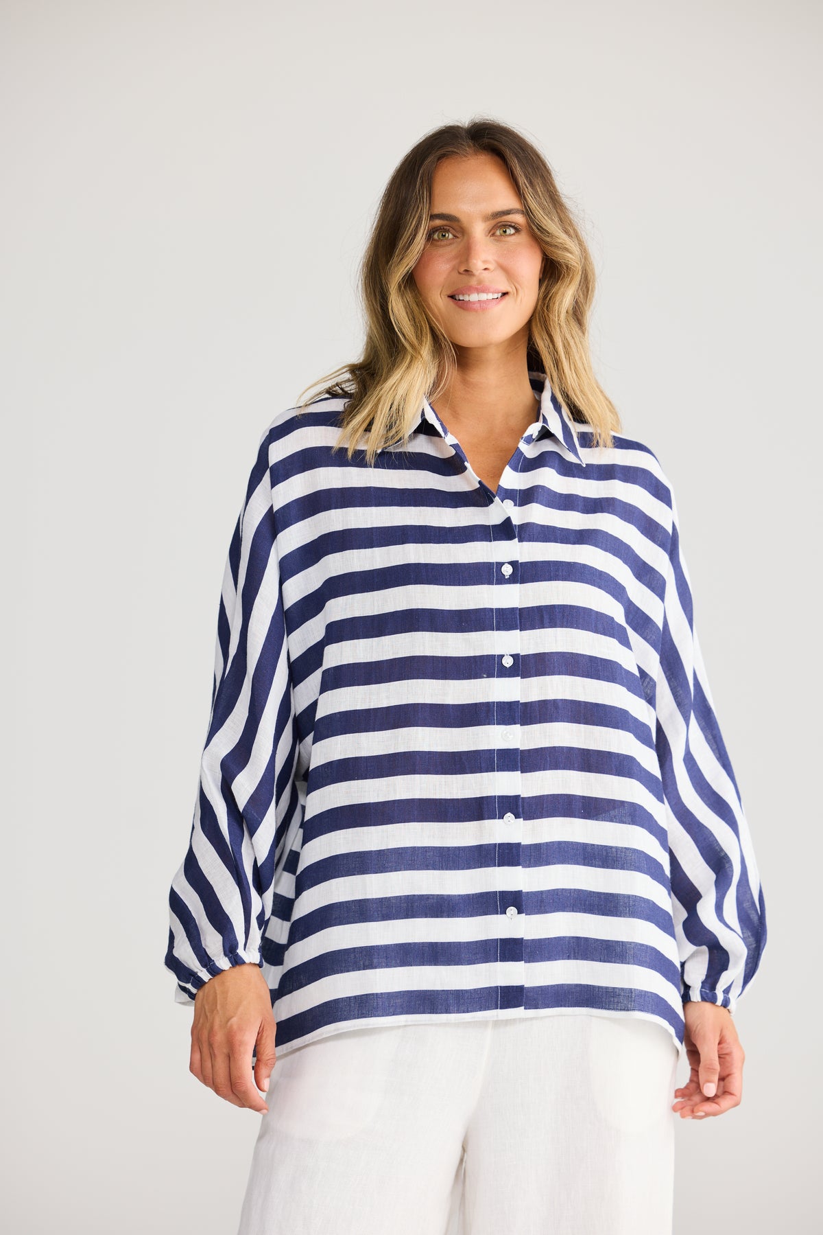 Cliffside Shirt - Navy Stripe-Tops-Holiday-The Bay Room