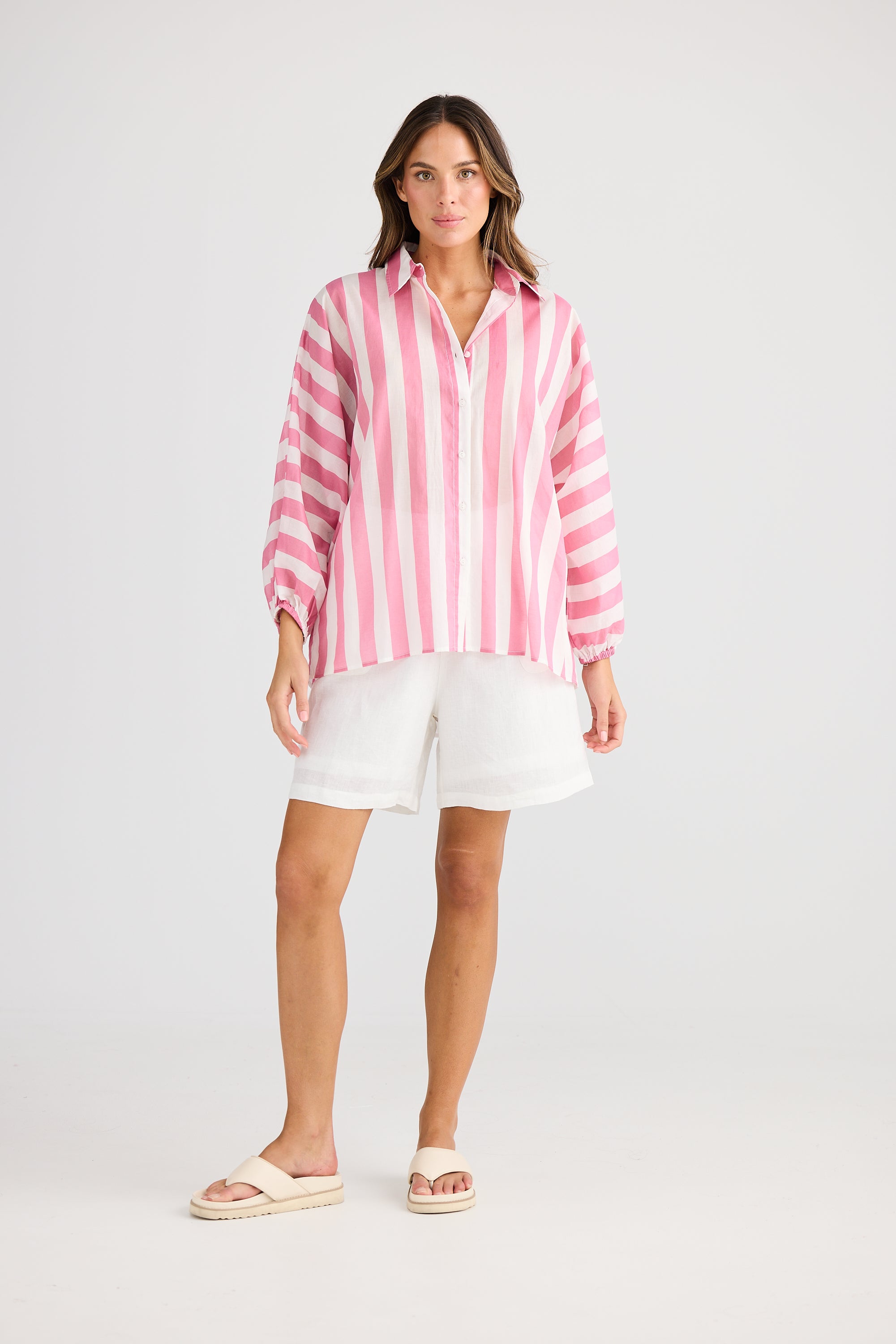 Cliffside Shirt - Pink Stripe-Tops-Holiday-The Bay Room