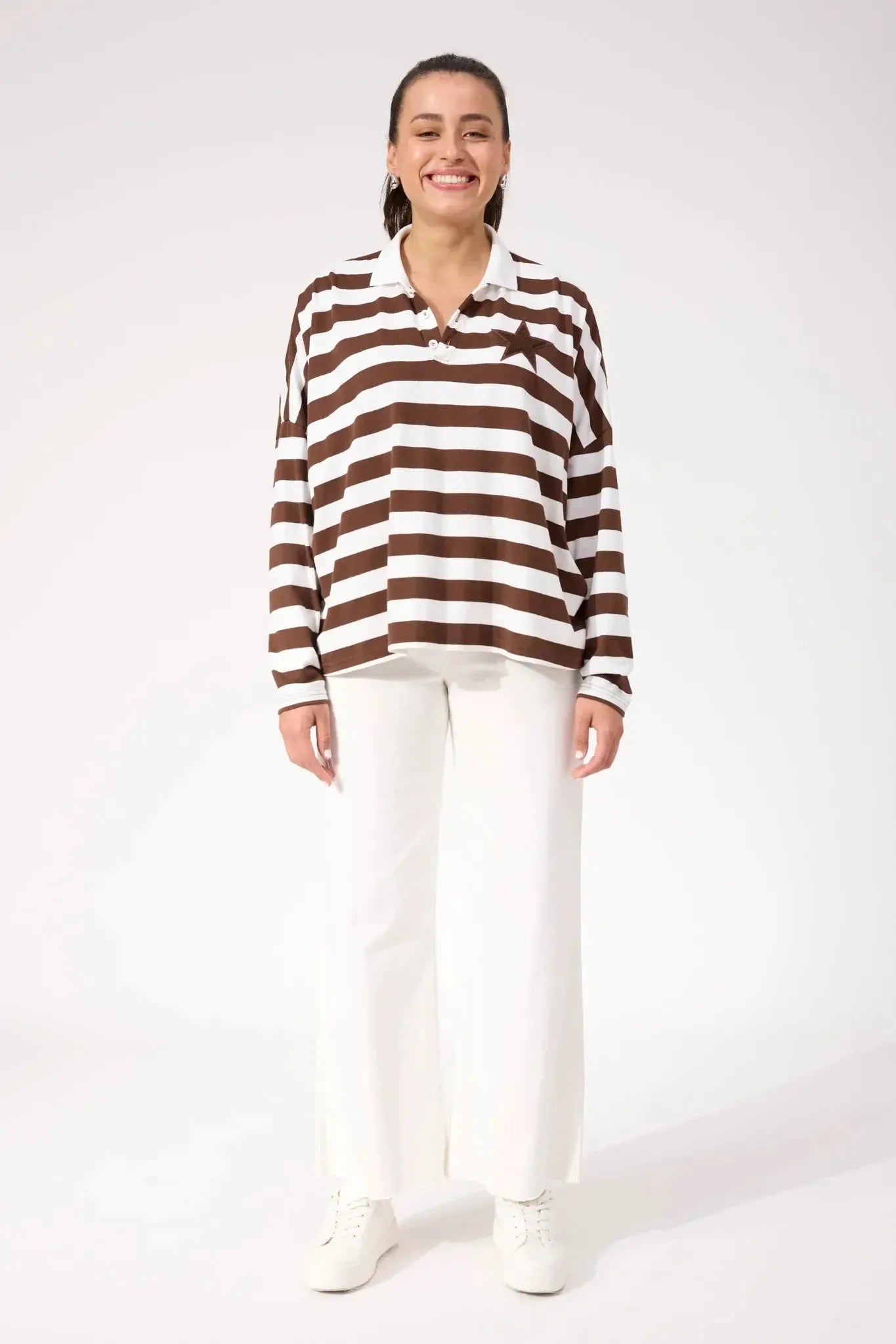 Columbus Stripe Polo Top - Brown-Tops-Haven-The Bay Room