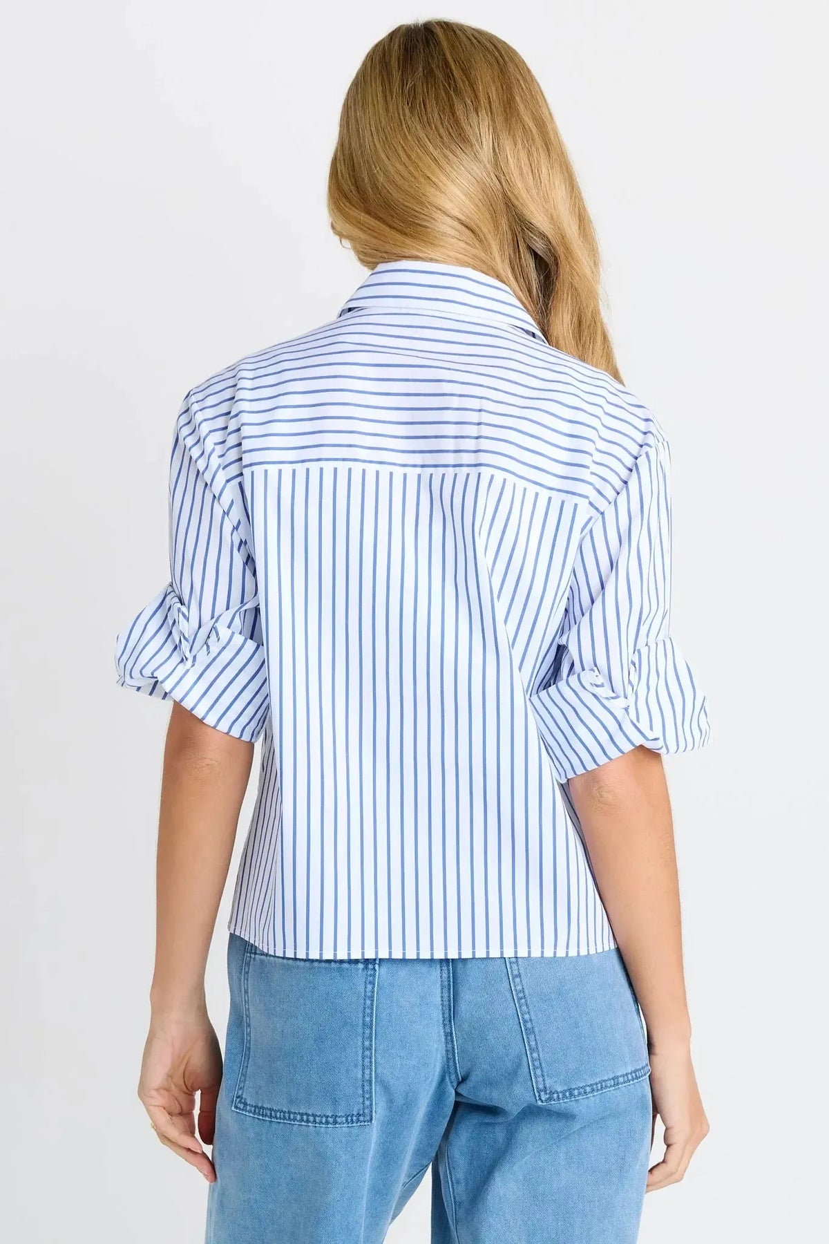 Cropped Poplin Shirt - Blue Stripe-Tops-Betty Basics-The Bay Room