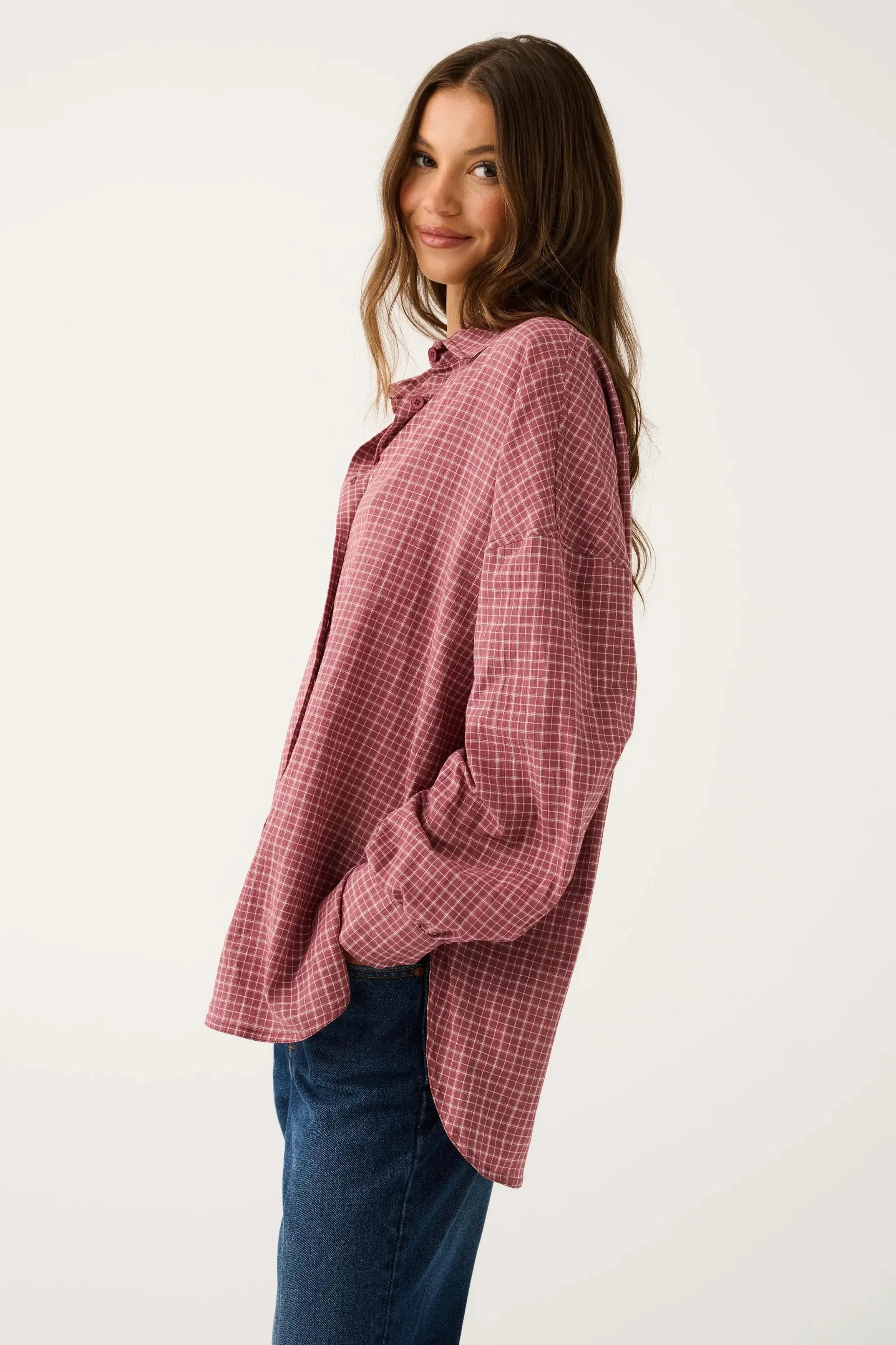 Darby Shirt - Mulberry Check-Tops-Cartel & Willow-The Bay Room