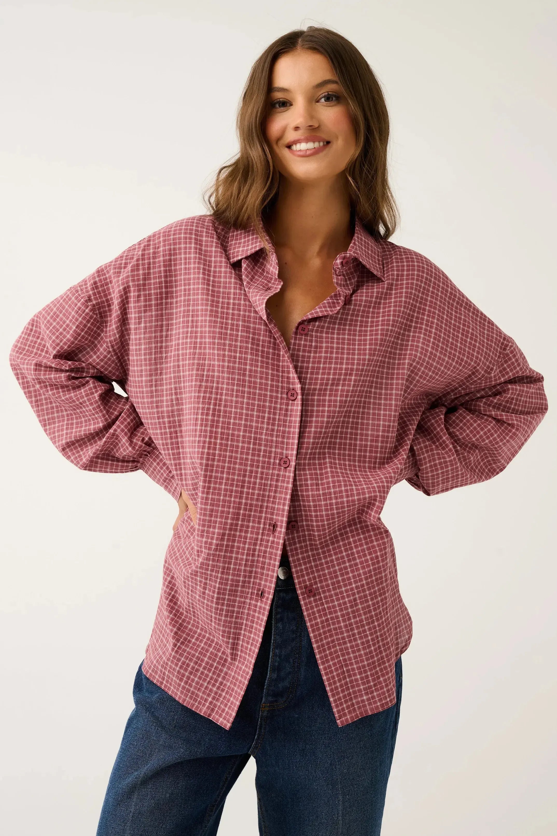 Darby Shirt - Mulberry Check-Tops-Cartel & Willow-The Bay Room
