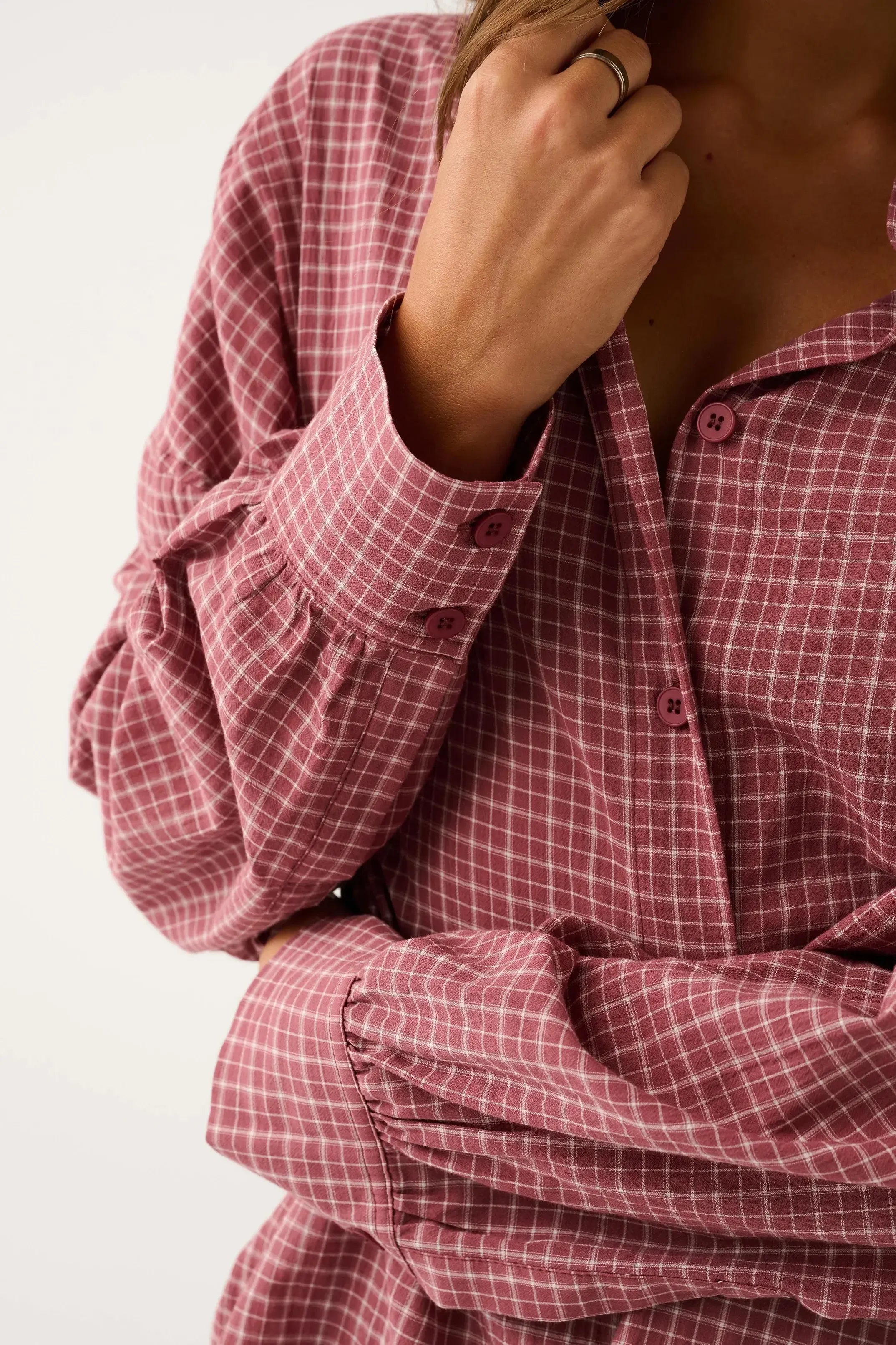 Darby Shirt - Mulberry Check-Tops-Cartel & Willow-The Bay Room