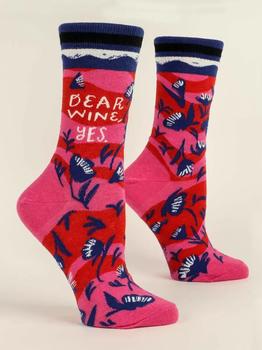 Dear Wine, Yes Women's Crew Socks-Fun & Games-Blue Q-The Bay Room