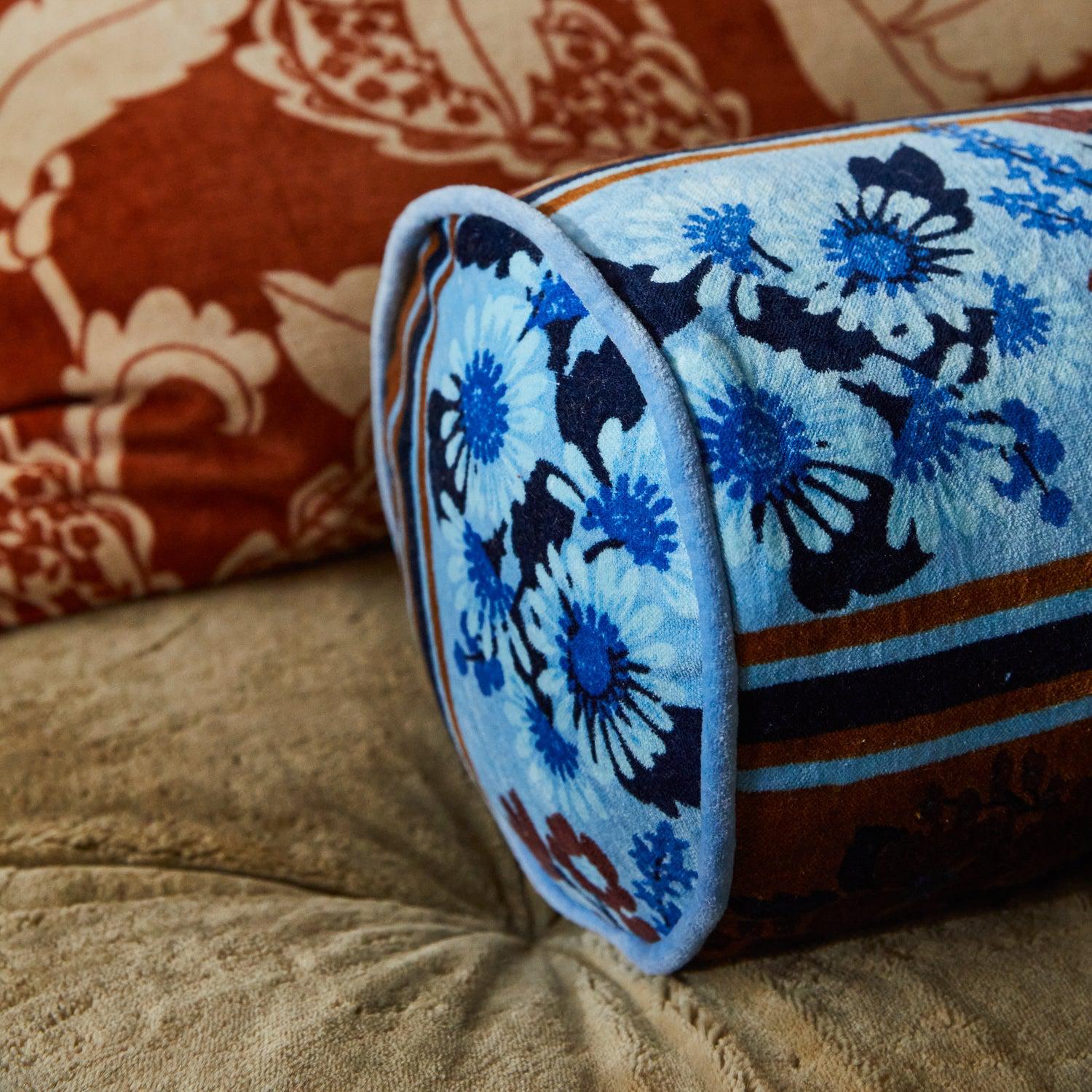 Devi Velvet Bolster Cushion - Blue Jean-Soft Furnishings-Sage & Clare-The Bay Room