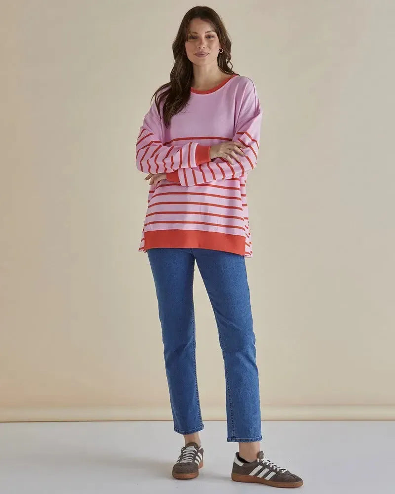 Easy Crew Sweat - Pink/Orange Stripe-Knitwear & Jumpers-Betty Basics-The Bay Room