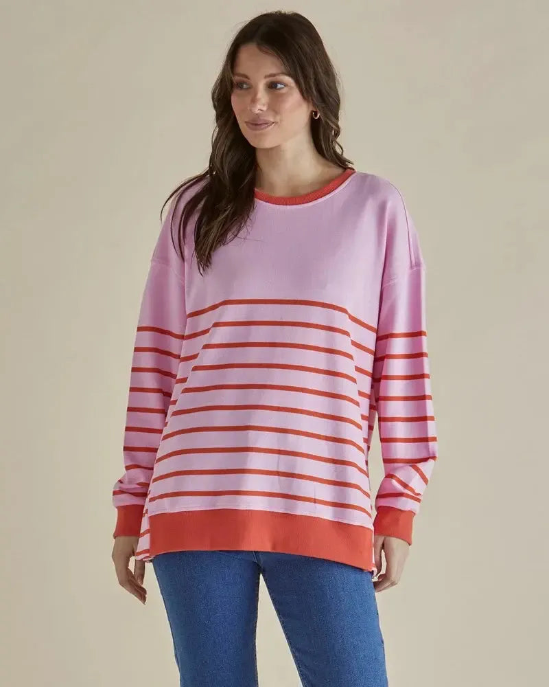 Easy Crew Sweat - Pink/Orange Stripe-Knitwear & Jumpers-Betty Basics-The Bay Room