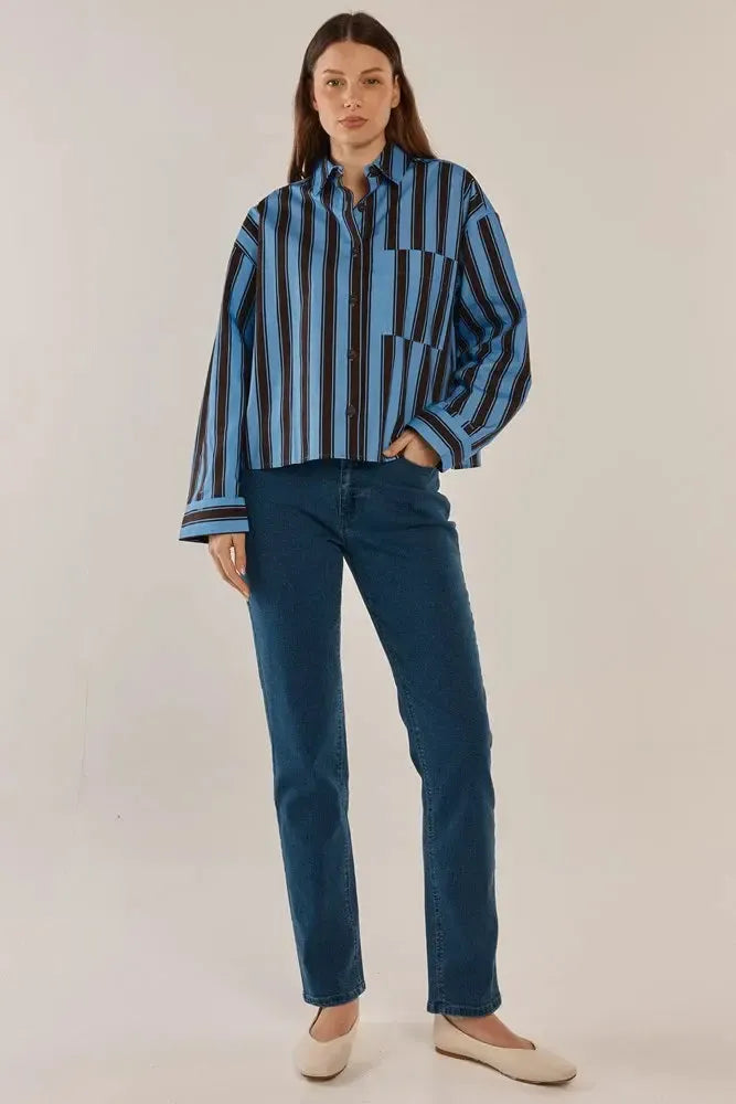 Erin Crop Shirt - Chocolate/Cornflower Stripe-Tops-Betty Basics-The Bay Room
