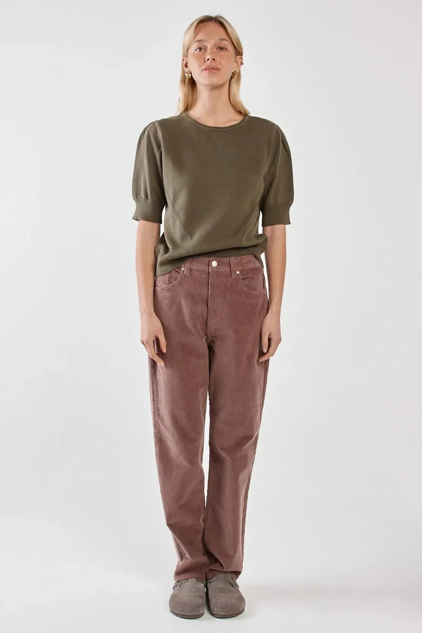 Esti Pointelle Knit Tee - Khaki-Tops-SASS-The Bay Room