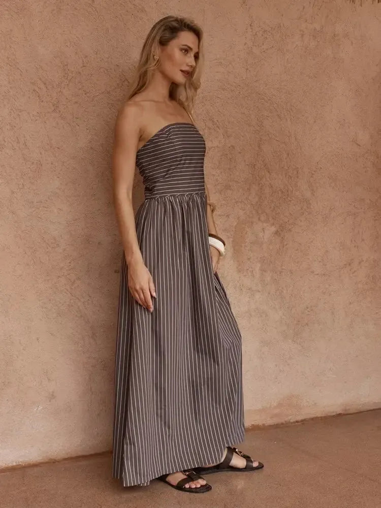 Everley Strapless Dress - Choc Stripe-Dresses-SASS-The Bay Room