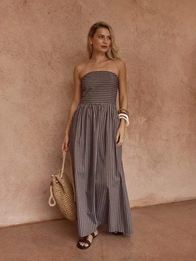 Everley Strapless Dress - Choc Stripe-Dresses-SASS-The Bay Room