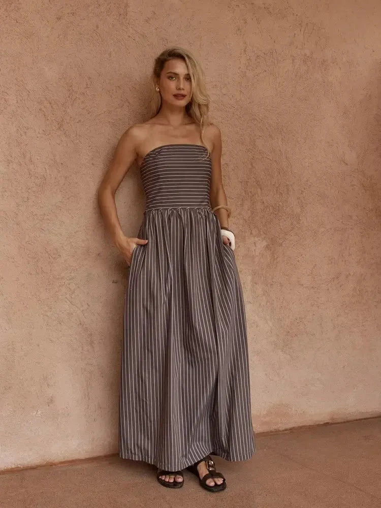 Everley Strapless Dress - Choc Stripe-Dresses-SASS-The Bay Room