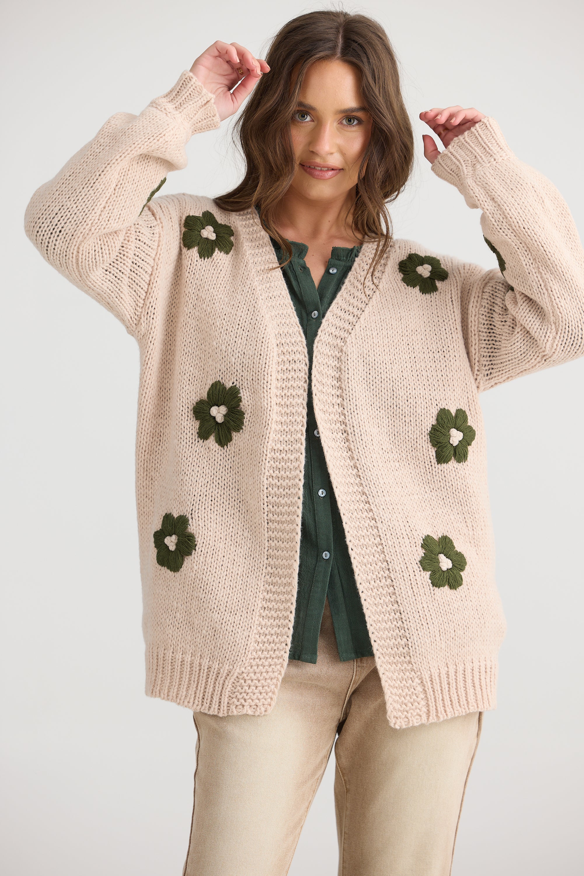 Flower Child Cardi - Natural/Green-Knitwear & Jumpers-Talisman-The Bay Room